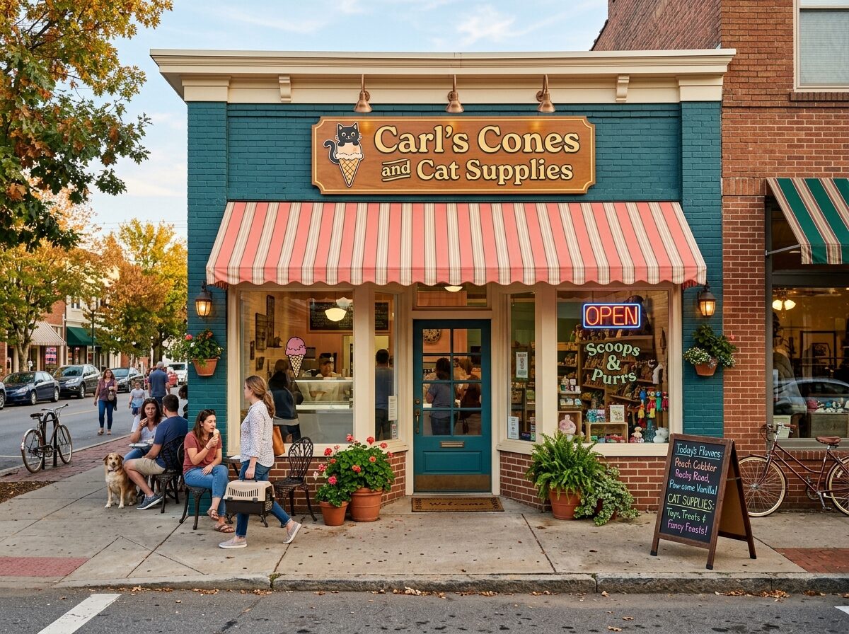 Carl's Cones storefront with its coral-and-cream striped awning on Beach Blvd