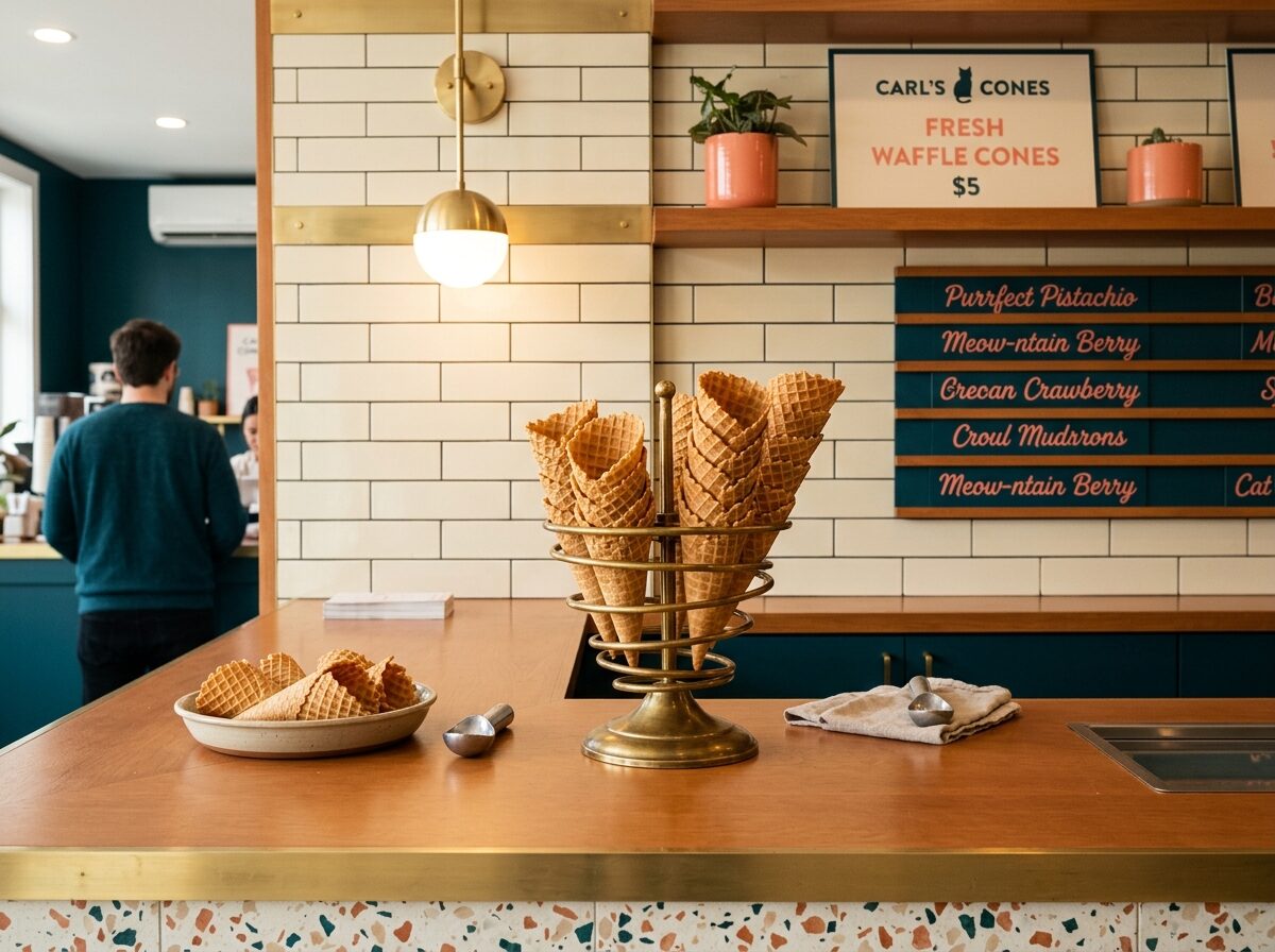 Fresh waffle cones fanned in a brass stand on the wood counter