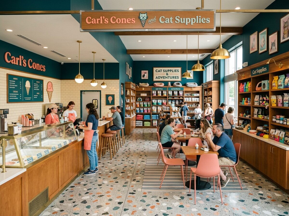 Wide interior with the counter, cat-supply aisles and seating area