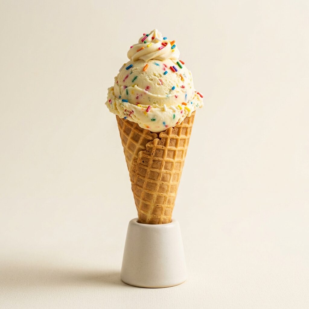 Birthday Cake scoop with rainbow sprinkles on a waffle cone