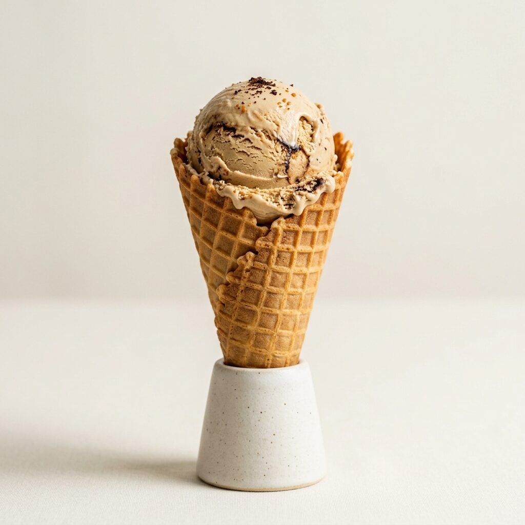 Coffee scoop with a dark swirl on a waffle cone