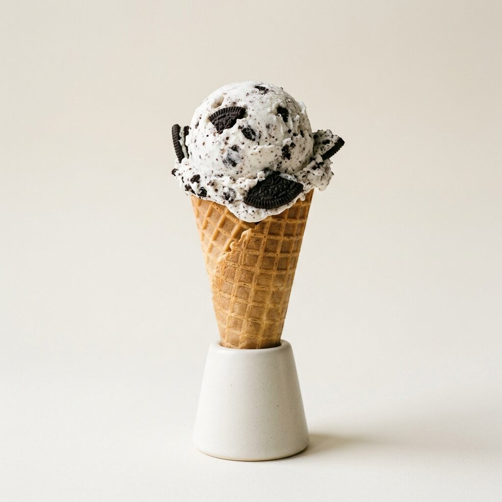 Cookies and Cream scoop with Oreo pieces on a waffle cone