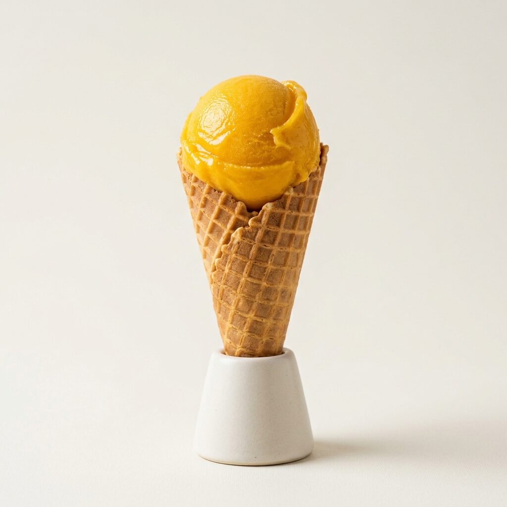 Studio portrait of a bright mango sorbet scoop on a waffle cone