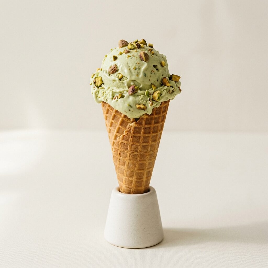 Pistachio scoop with chopped nuts on a waffle cone