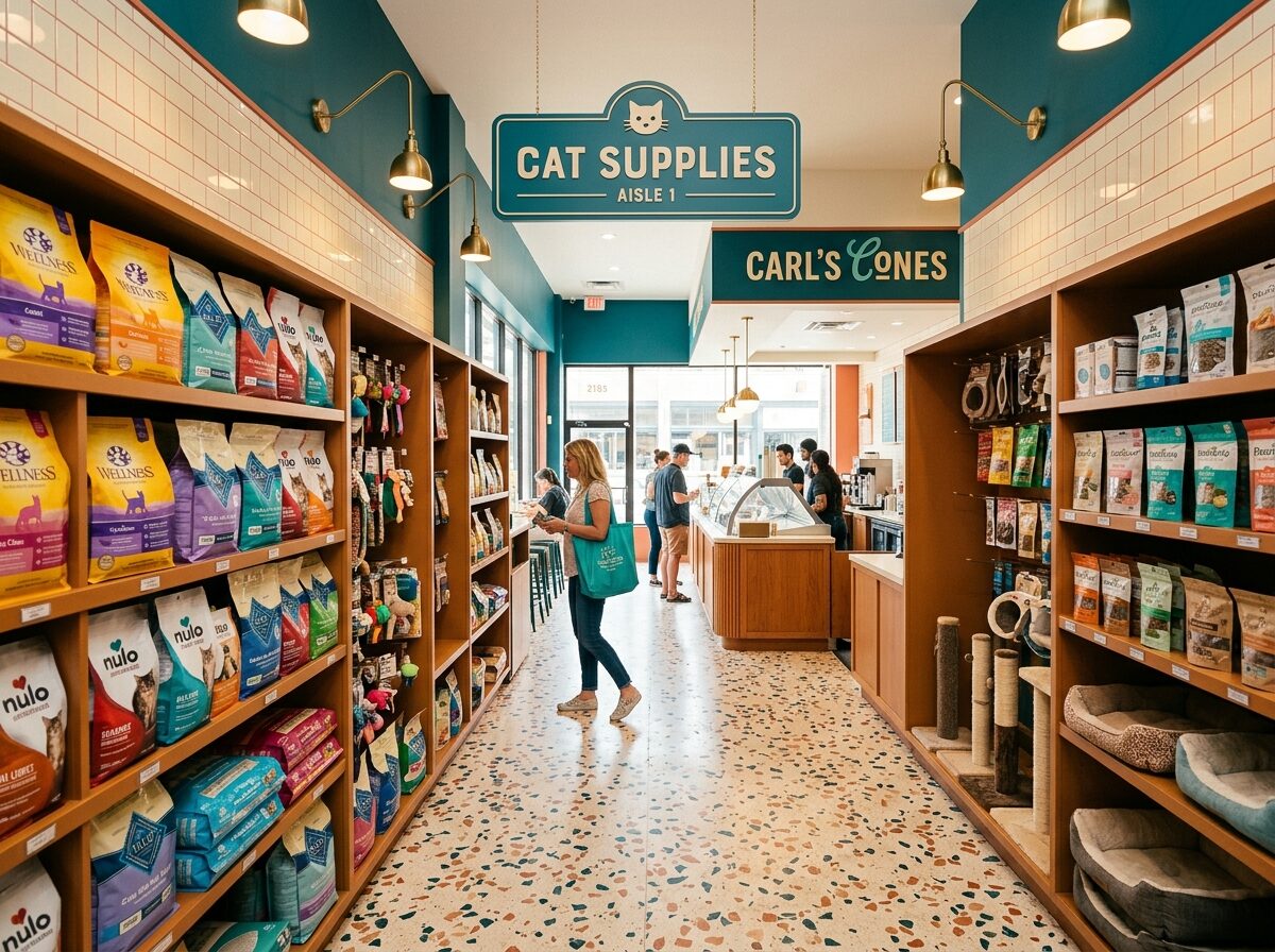 Cat-food aisle with brand bags on honey-wood shelving and terrazzo floor