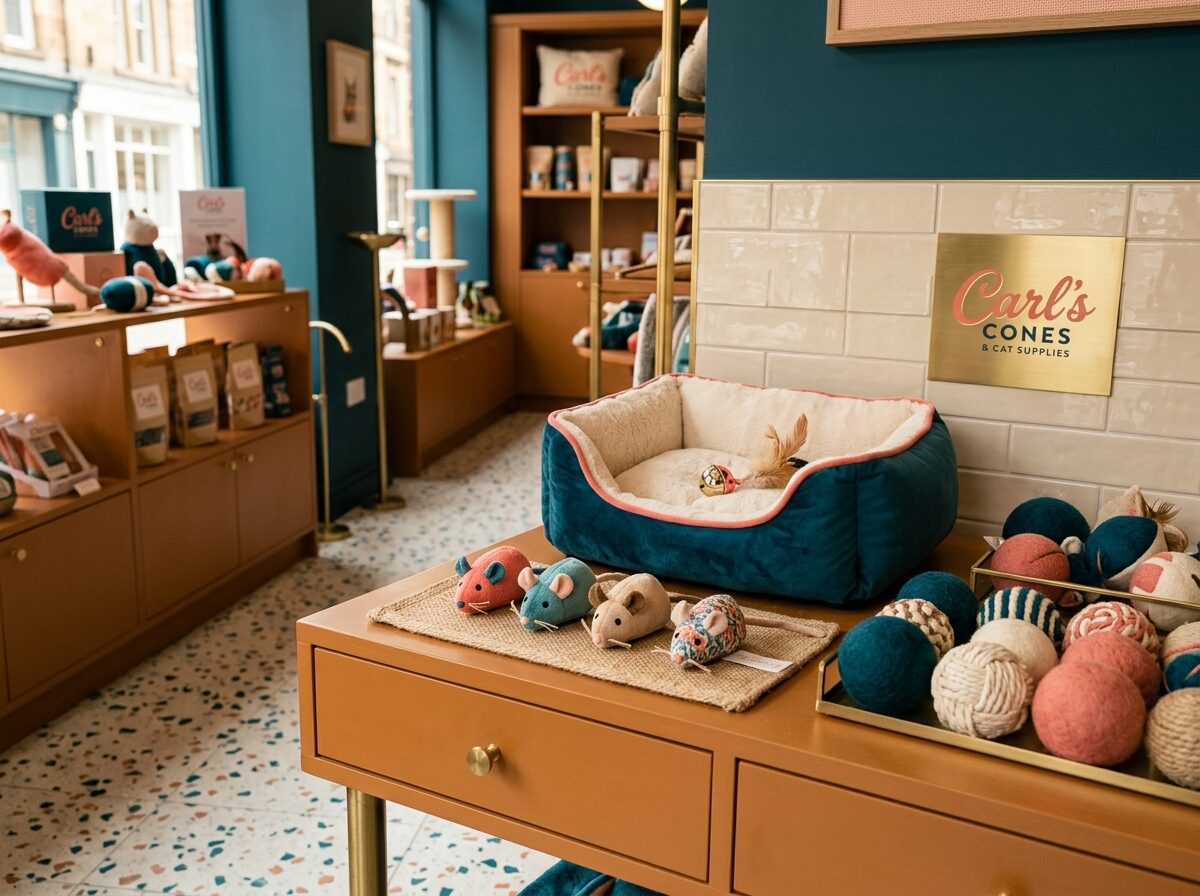 Styled cat-toy table with felt mice, yarn balls and a cat bed against a deep teal wall