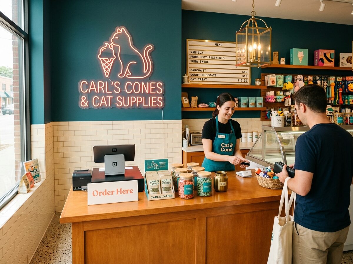 Checkout counter glowing under the coral cat-in-cone neon sign
