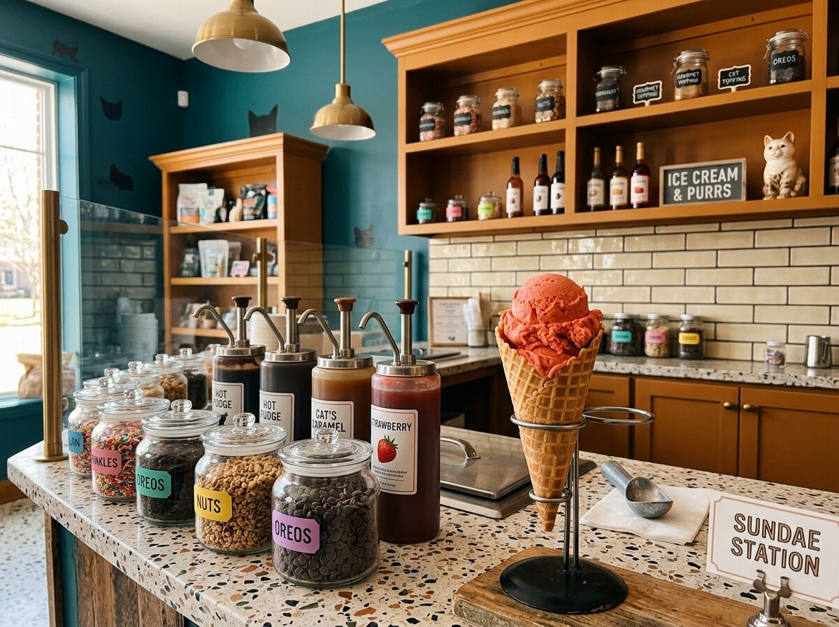 Sundae toppings station with sauces and sprinkles in labeled jars